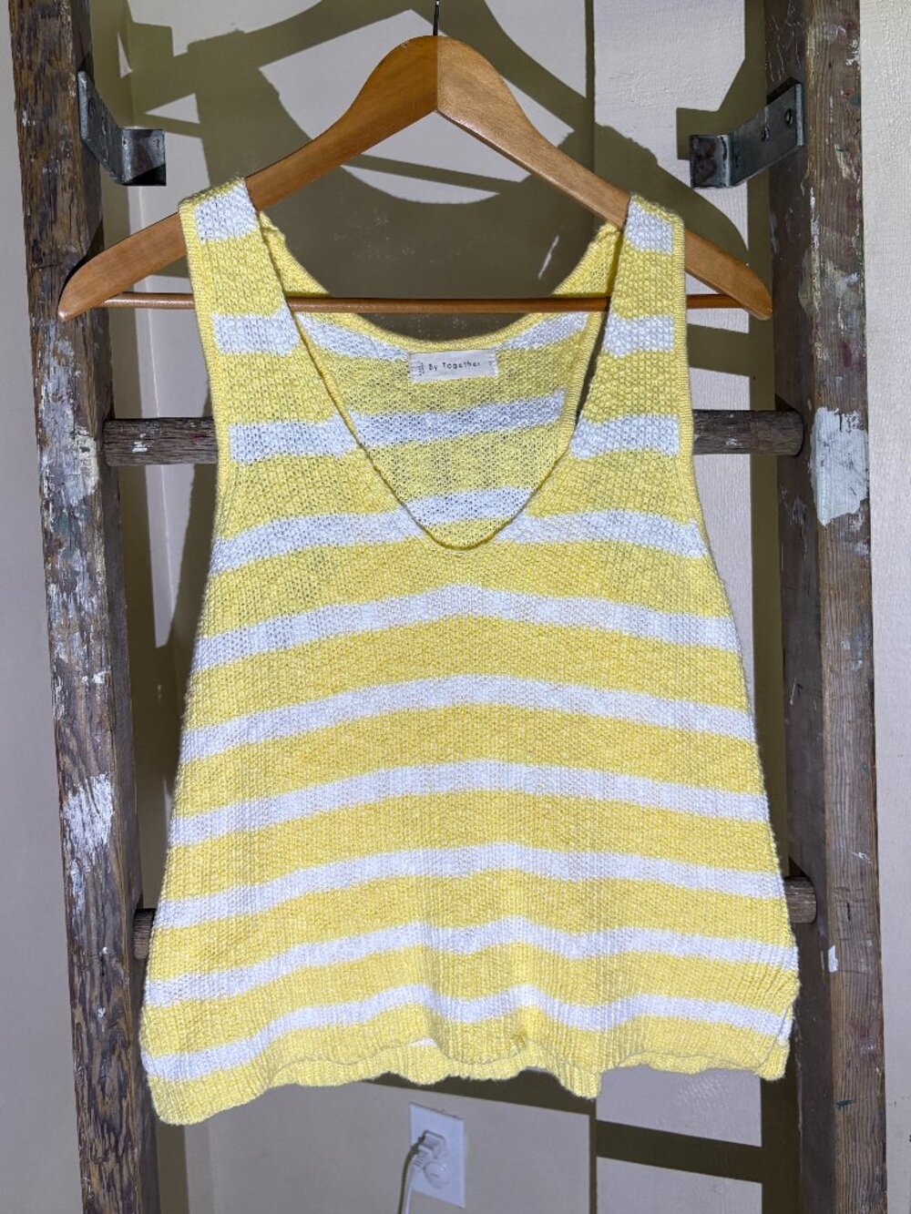 By Together Yellow White Striped Sweater Knit Tank Top V-Neck Racerback Size S